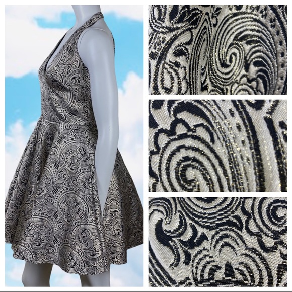 BEBE Mini Party Dress Halter Paisley Scroll Metallic Champagne Black Size 8 Y2K - Picture 3 of 15